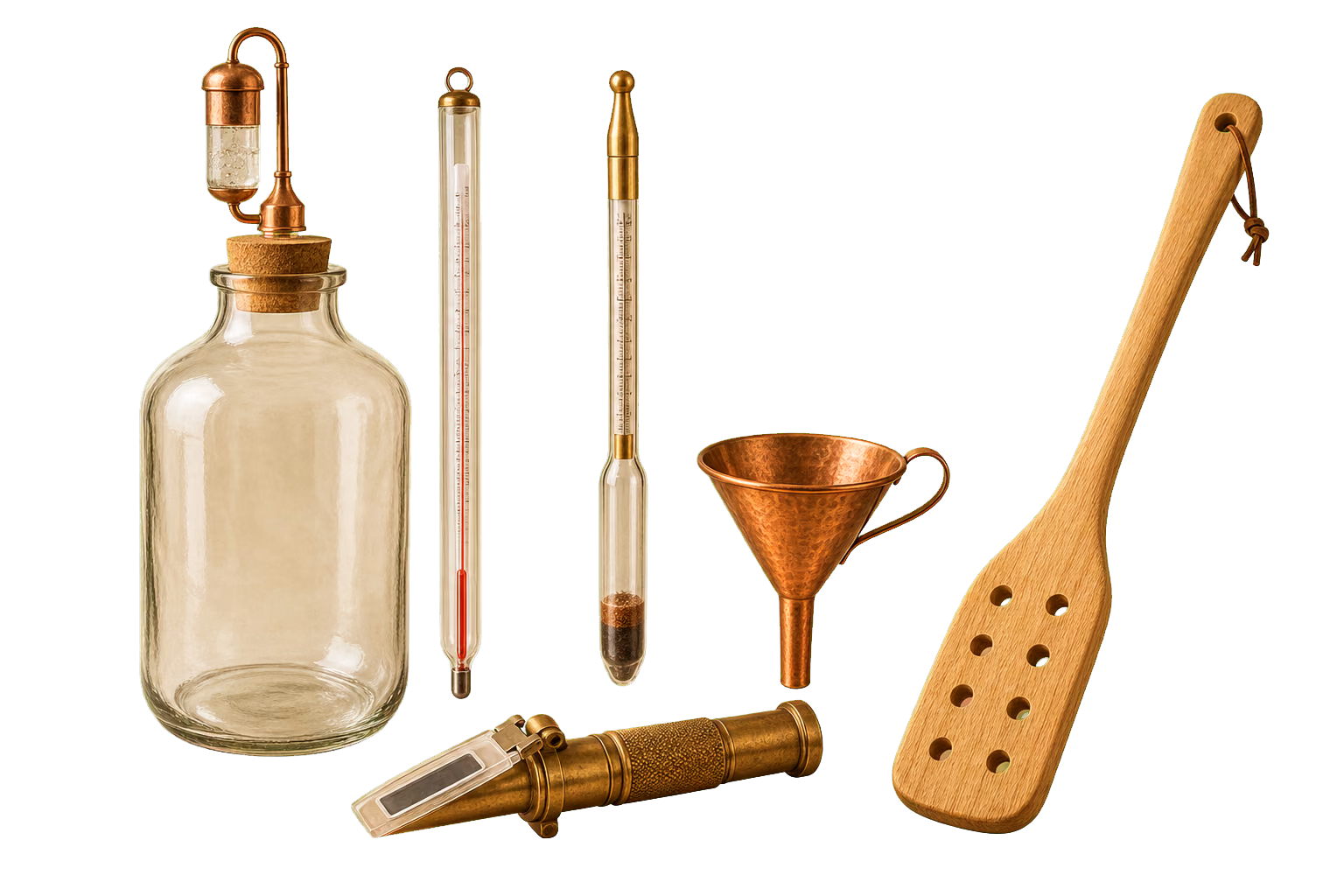Die Kern-Ausrüstung im Überblick: Gärglas mit Gäraufsatz, Thermometer, Alkoholspindel, Refraktometer, Kupfertrichter und Maischepaddel.