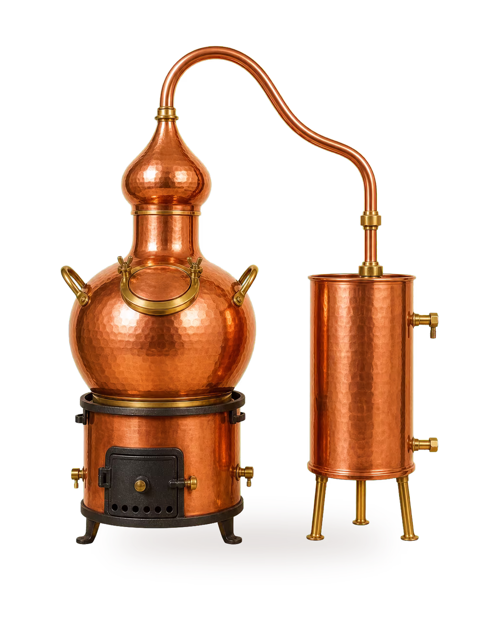 Kupferne Pot-Still: bauchige Brennblase mit Helm, geschwungenem Geistrohr und Kühler