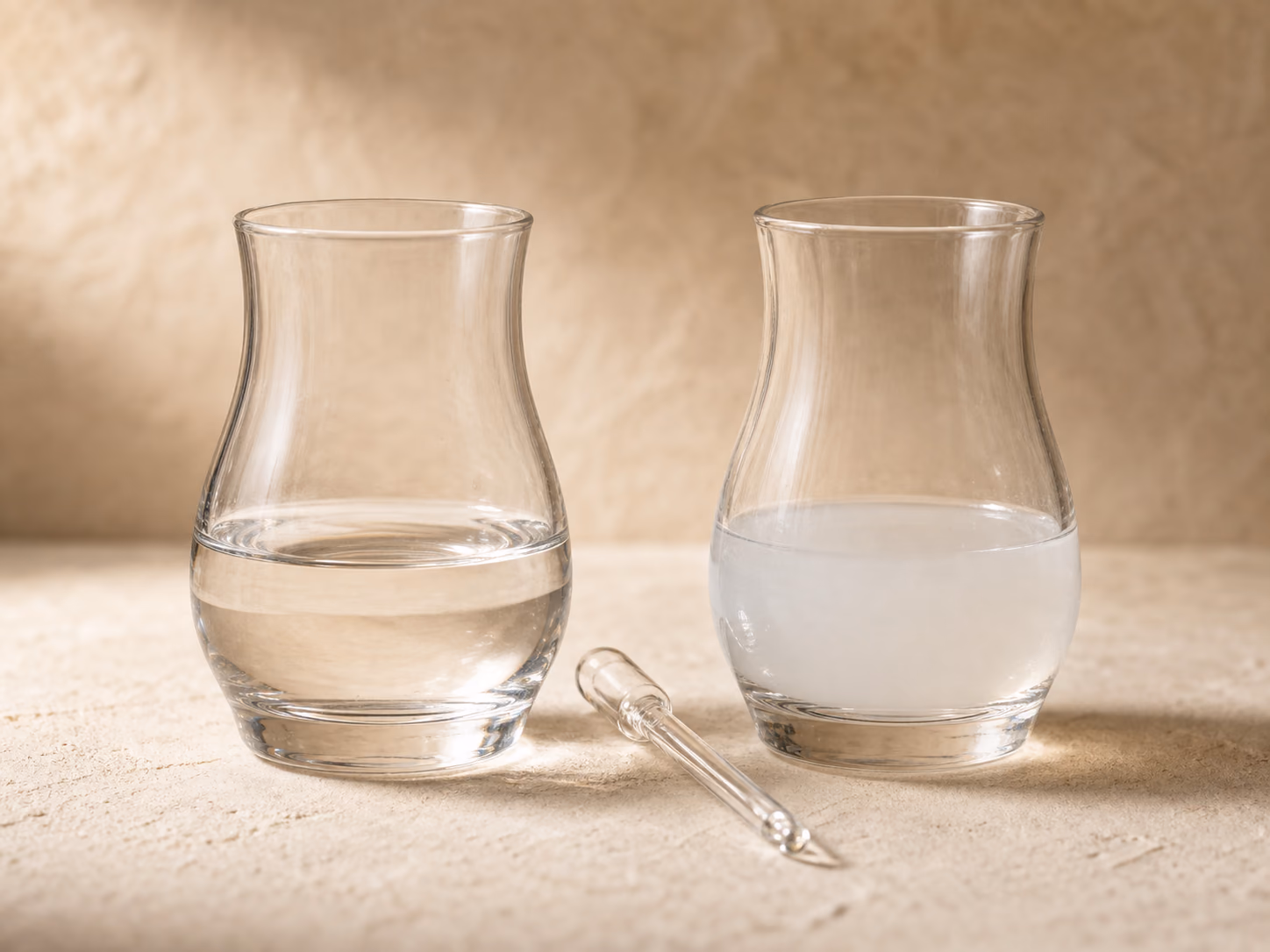 Zwei Verkostungsgläser nebeneinander: das klare Destillat links, rechts nach dem Verdünnen mit Wasser milchig-trüb (Louche-Effekt).