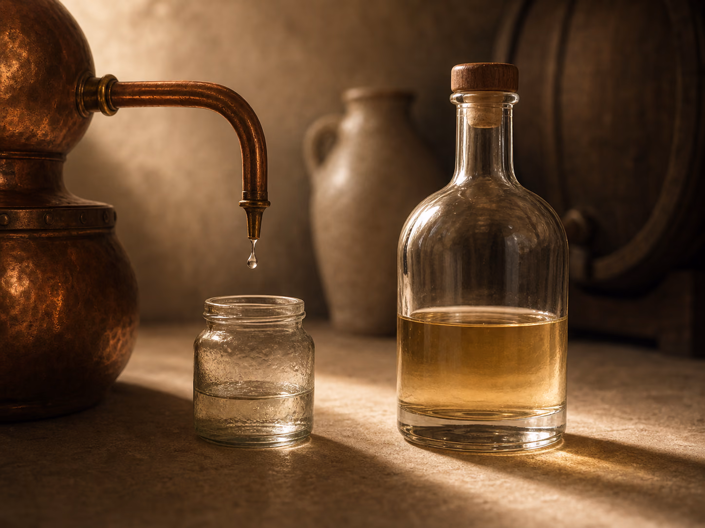 Aus der Brennblase tropfen die ersten Tropfen in ein eigenes kleines Glas, getrennt von der sauberen Sammelflasche daneben.